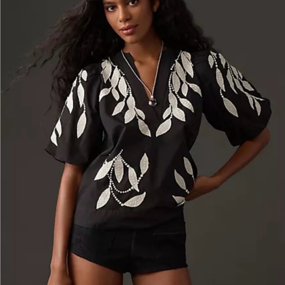Anthropologie Black Blouse with White Leaf Embroidery